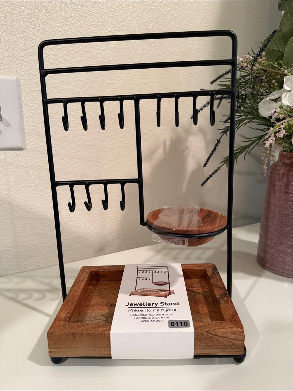 Black & Wood Jewelry Stand Organizer NWT